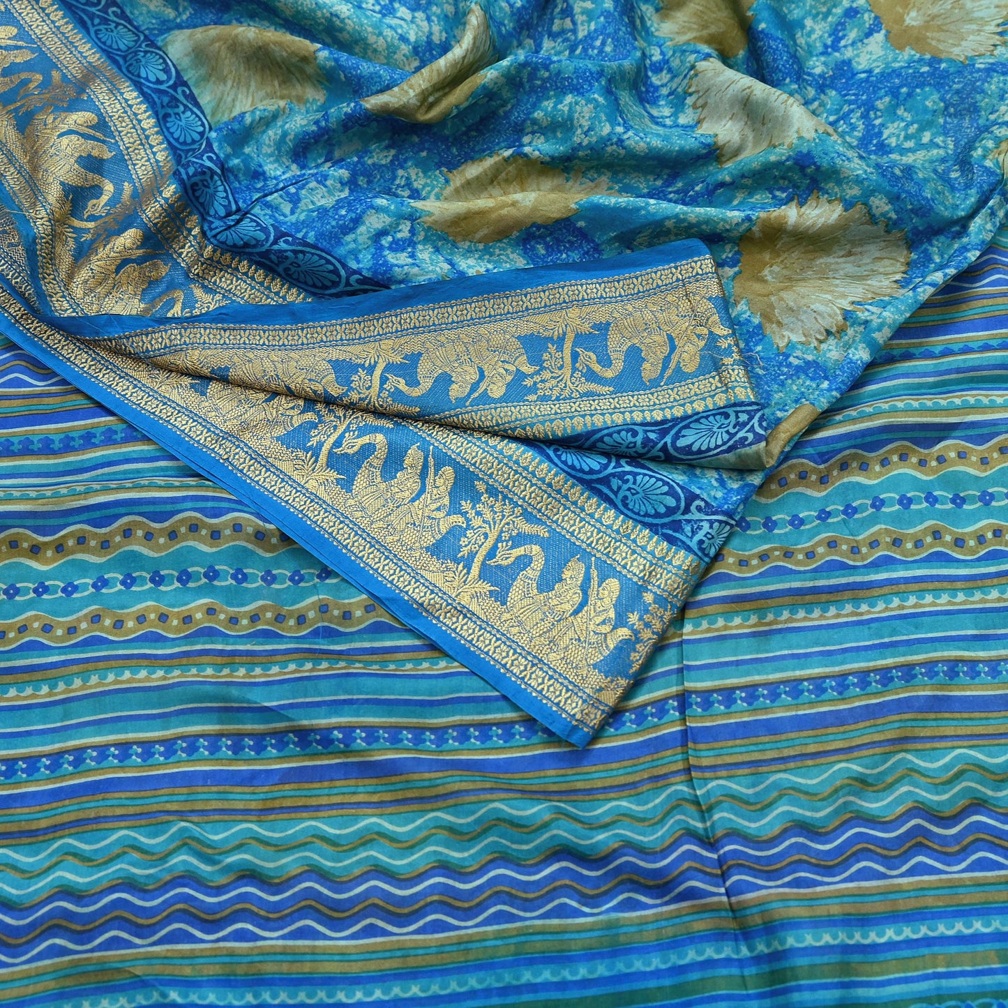 Indian Vintage Sari Green & Blue 100% Pure Silk Printed Sarees 5yd Sewing Craft Fabric Dress Making Soft Woven Border Upcycle Quilting