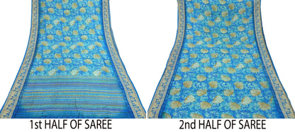 Indian Vintage Sari Green & Blue 100% Pure Silk Printed Sarees 5yd Sewing Craft Fabric Dress Making Soft Woven Border Upcycle Quilting