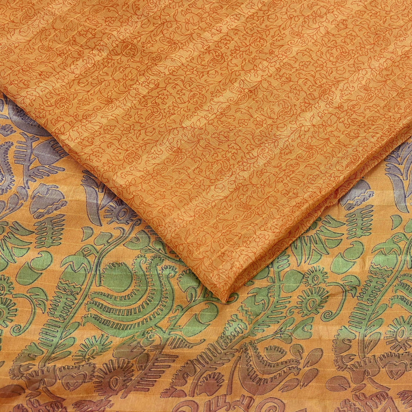 Indian Vintage Sari Saffron 100% Pure Silk Printed Saree 6yd Sewing Craft Fabric Dress Making Soft Wrap Floral Abstract Quilting Crafting
