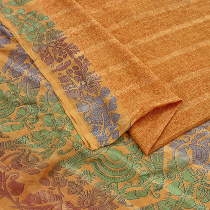 Indian Vintage Sari Saffron 100% Pure Silk Printed Saree 6yd Sewing Craft Fabric Dress Making Soft Wrap Floral Abstract Quilting Crafting