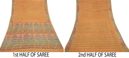 Indian Vintage Sari Saffron 100% Pure Silk Printed Saree 6yd Sewing Craft Fabric Dress Making Soft Wrap Floral Abstract Quilting Crafting