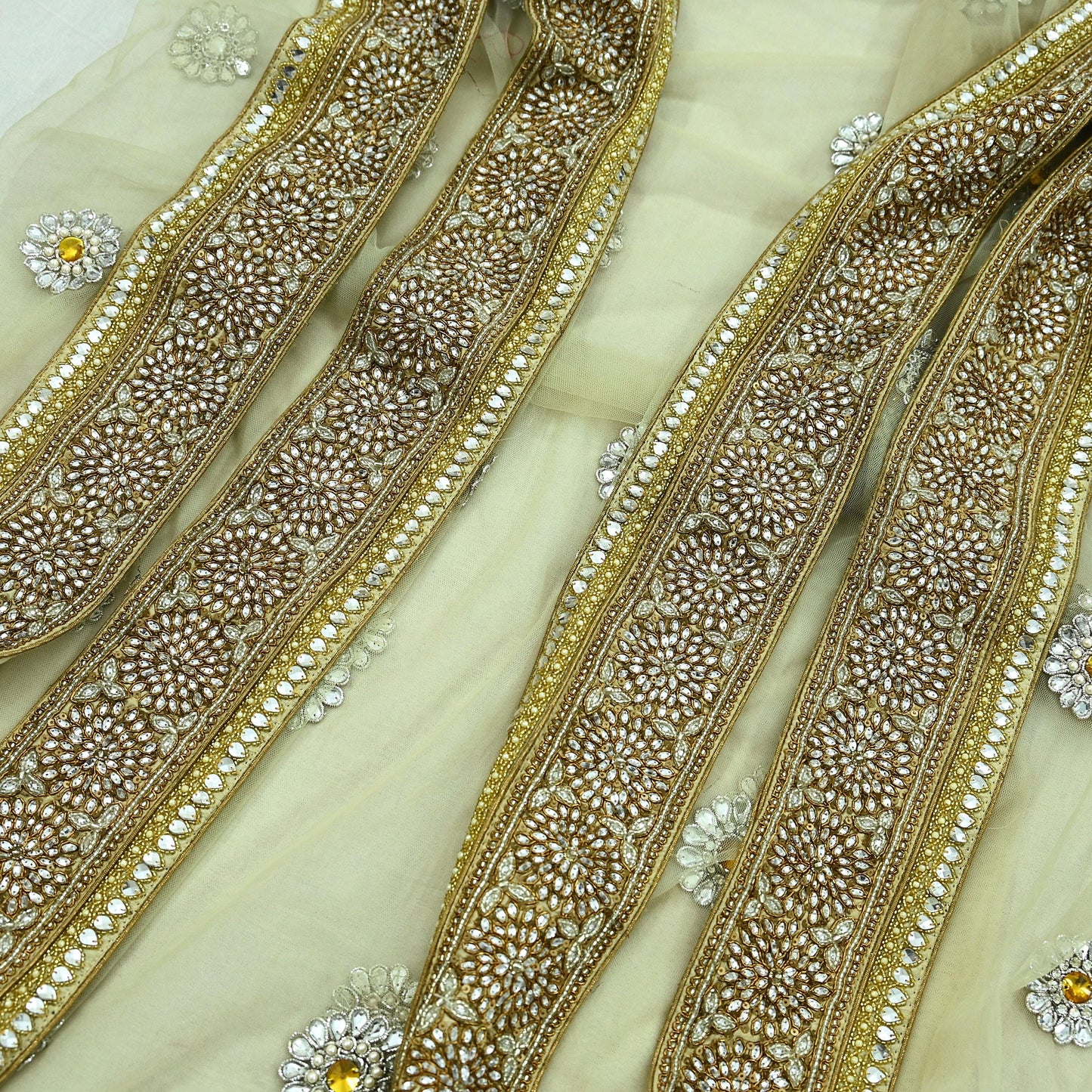 Indian Vintage Heavy Olive Green Dupatta Net Mesh Long Stole Hand Embroidered Scarf Zardozi Zari Sequins Stole