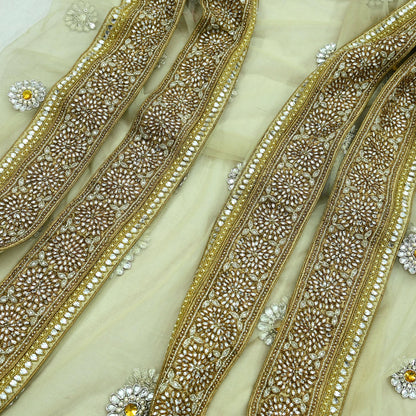 Indian Vintage Heavy Olive Green Dupatta Net Mesh Long Stole Hand Embroidered Scarf Zardozi Zari Sequins Stole