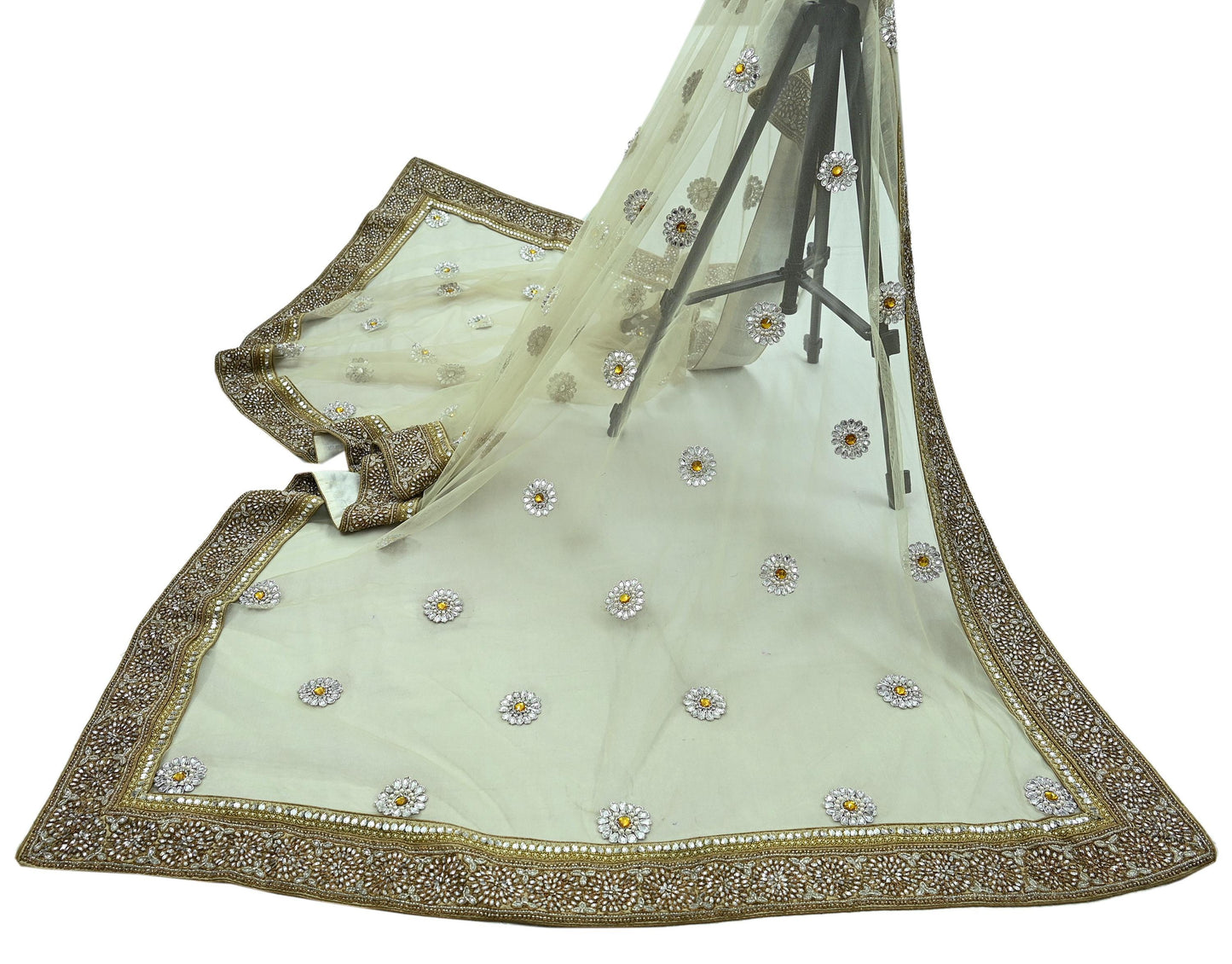 Indian Vintage Heavy Olive Green Dupatta Net Mesh Long Stole Hand Embroidered Scarf Zardozi Zari Sequins Stole
