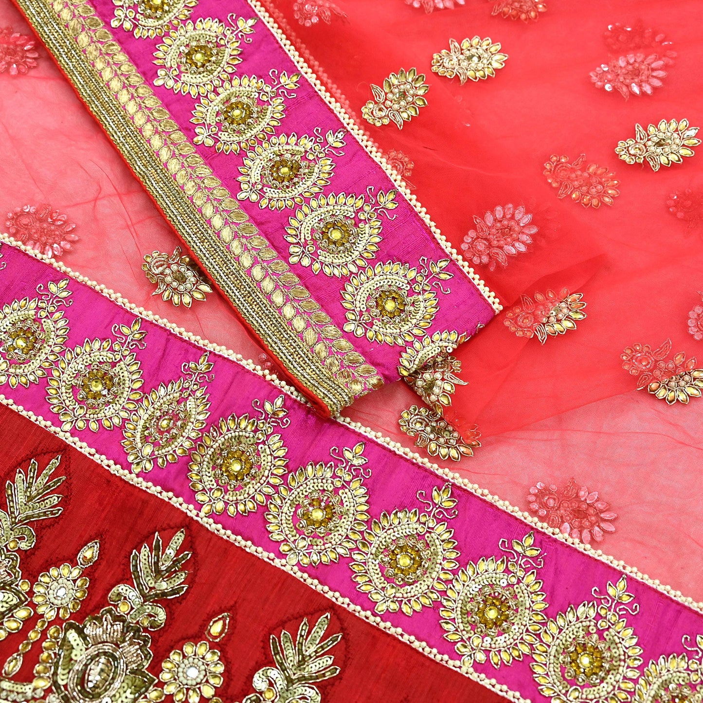 Indian Vintage Heavy Bridal Bright Red Dupatta Net Mesh Long Stole Hand Embroidered Scarves Silver Zardozi Dabka Zari Wedding veil hijab