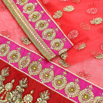 Indian Vintage Heavy Bridal Bright Red Dupatta Net Mesh Long Stole Hand Embroidered Scarves Silver Zardozi Dabka Zari Wedding veil hijab