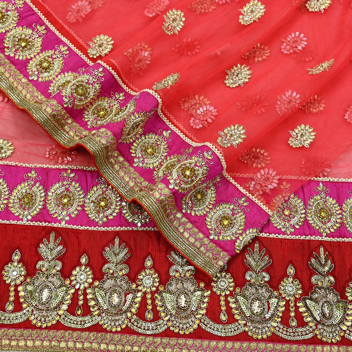 Indian Vintage Heavy Bridal Bright Red Dupatta Net Mesh Long Stole Hand Embroidered Scarves Silver Zardozi Dabka Zari Wedding veil hijab
