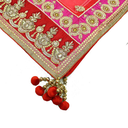 Indian Vintage Heavy Bridal Bright Red Dupatta Net Mesh Long Stole Hand Embroidered Scarves Silver Zardozi Dabka Zari Wedding veil hijab