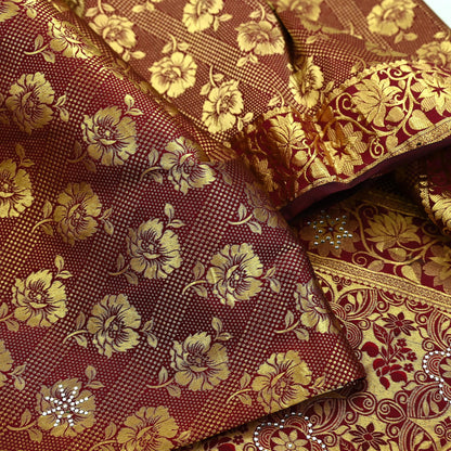 Indian Vintage Heavy Maroon Saree 100% Pure Silk Hand Woven Kanjeevaram Sari 5yd Ethnic Zari Premium Wedding Saree With Blouse Fabric