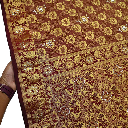 Indian Vintage Heavy Maroon Saree 100% Pure Silk Hand Woven Kanjeevaram Sari 5yd Ethnic Zari Premium Wedding Saree With Blouse Fabric