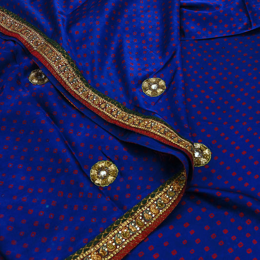 Indian Vintage Blue Saree Hand Embroidered Bandhani Printed Sari 100% Pure Satin Silk Indian Sari Fabric 5yard Soft Craft Fabric Beaded