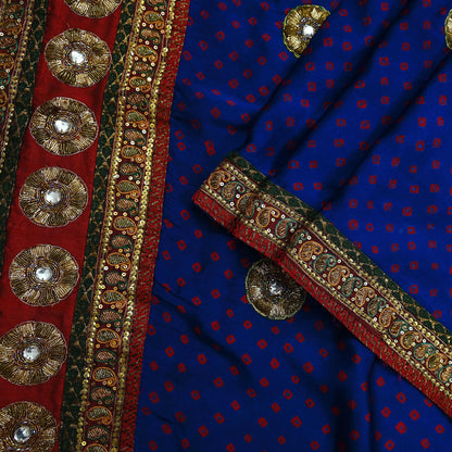 Indian Vintage Blue Saree Hand Embroidered Bandhani Printed Sari 100% Pure Satin Silk Indian Sari Fabric 5yard Soft Craft Fabric Beaded