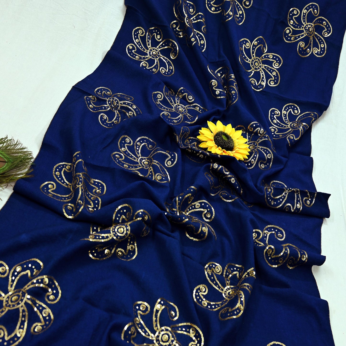 Vintage Shawl Blue Pure Woolen Shawl Handmade Embroidered Long Throw Stole Warm Stole Floral Design