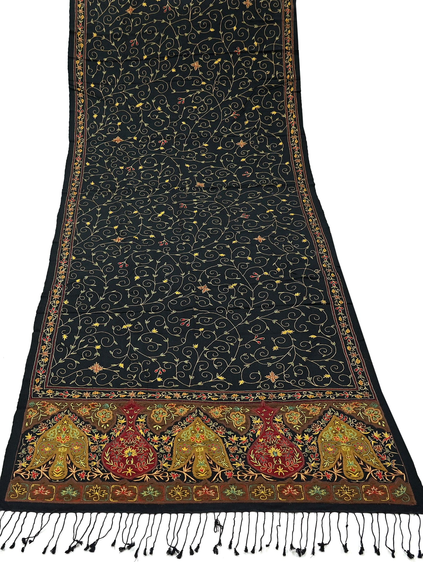 New Black Pure Woolen Shawl Handmade Suzani Long Throw Stole Warm Stole Floral Design