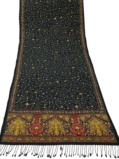 New Black Pure Woolen Shawl Handmade Suzani Long Throw Stole Warm Stole Floral Design