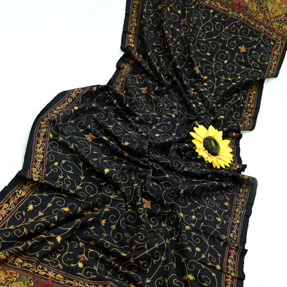 New Black Pure Woolen Shawl Handmade Suzani Long Throw Stole Warm Stole Floral Design