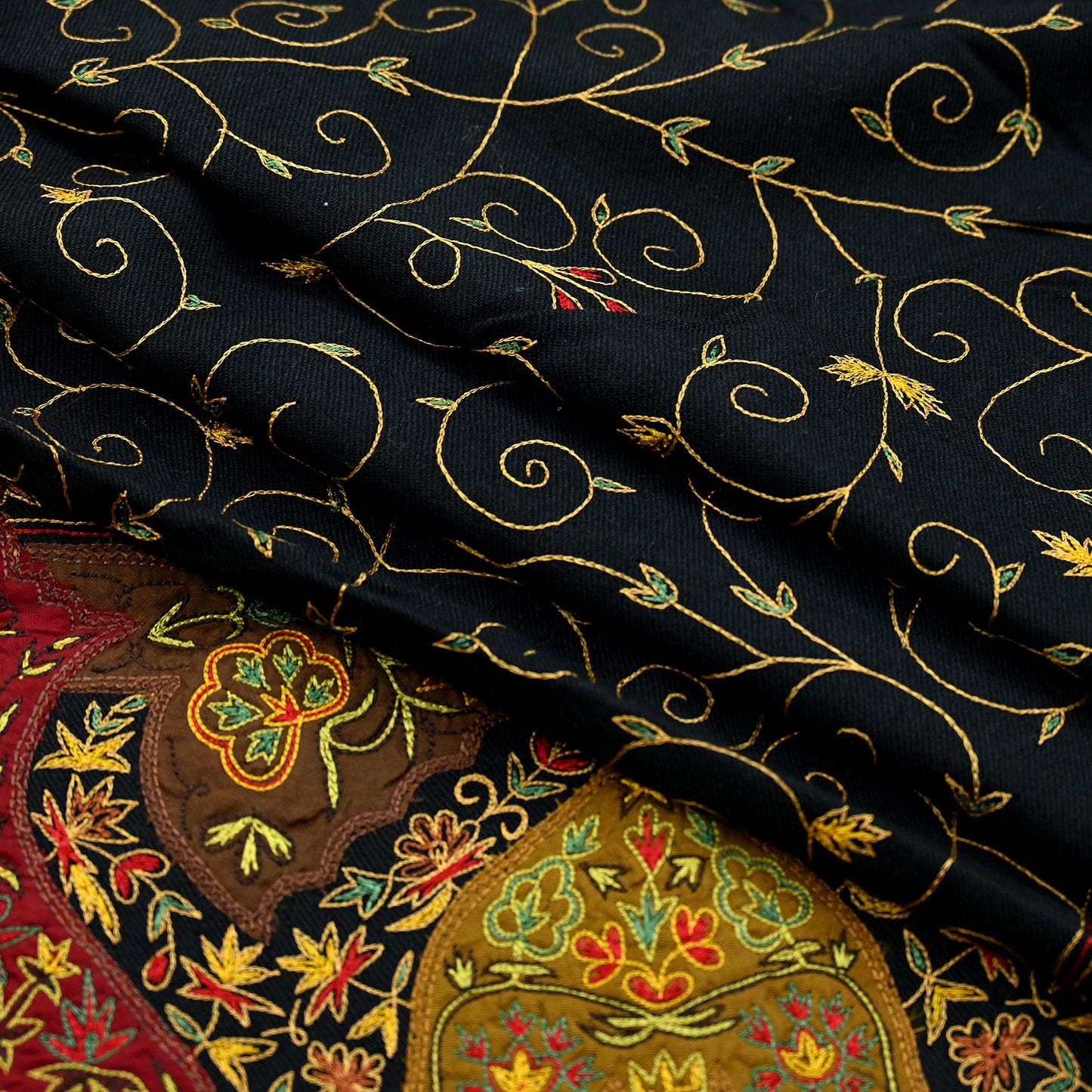 New Black Pure Woolen Shawl Handmade Suzani Long Throw Stole Warm Stole Floral Design