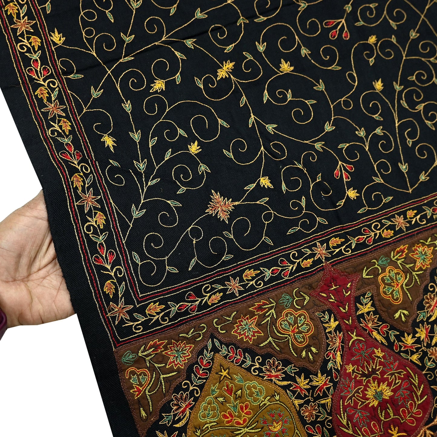 New Black Pure Woolen Shawl Handmade Suzani Long Throw Stole Warm Stole Floral Design