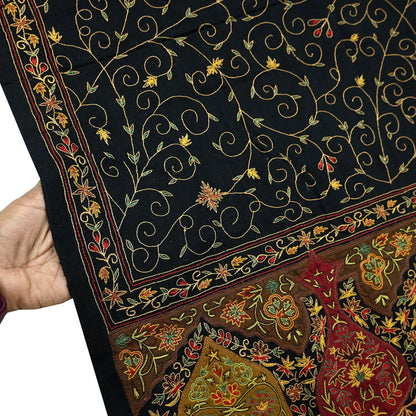 New Black Pure Woolen Shawl Handmade Suzani Long Throw Stole Warm Stole Floral Design