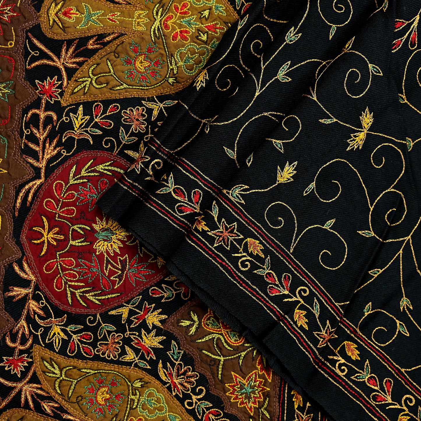 New Black Pure Woolen Shawl Handmade Suzani Long Throw Stole Warm Stole Floral Design