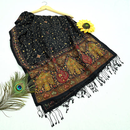 New Black Pure Woolen Shawl Handmade Suzani Long Throw Stole Warm Stole Floral Design