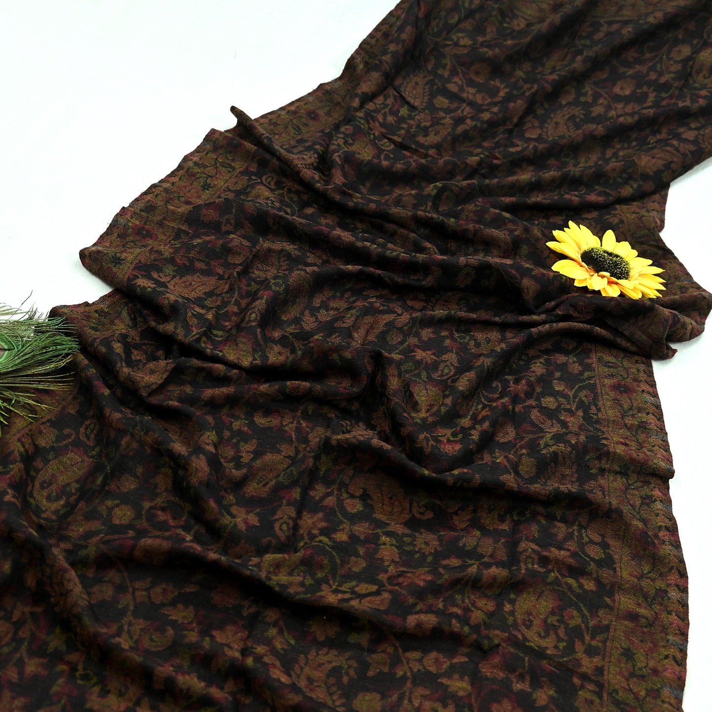 New Black Pure Pashmina Handmade Reversible Shawl Long Throw Stole Warm Stole Floral Design