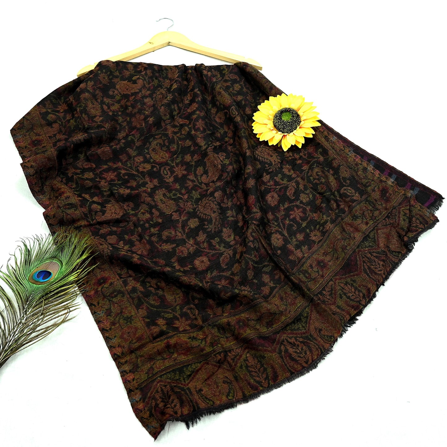 New Black Pure Pashmina Handmade Reversible Shawl Long Throw Stole Warm Stole Floral Design