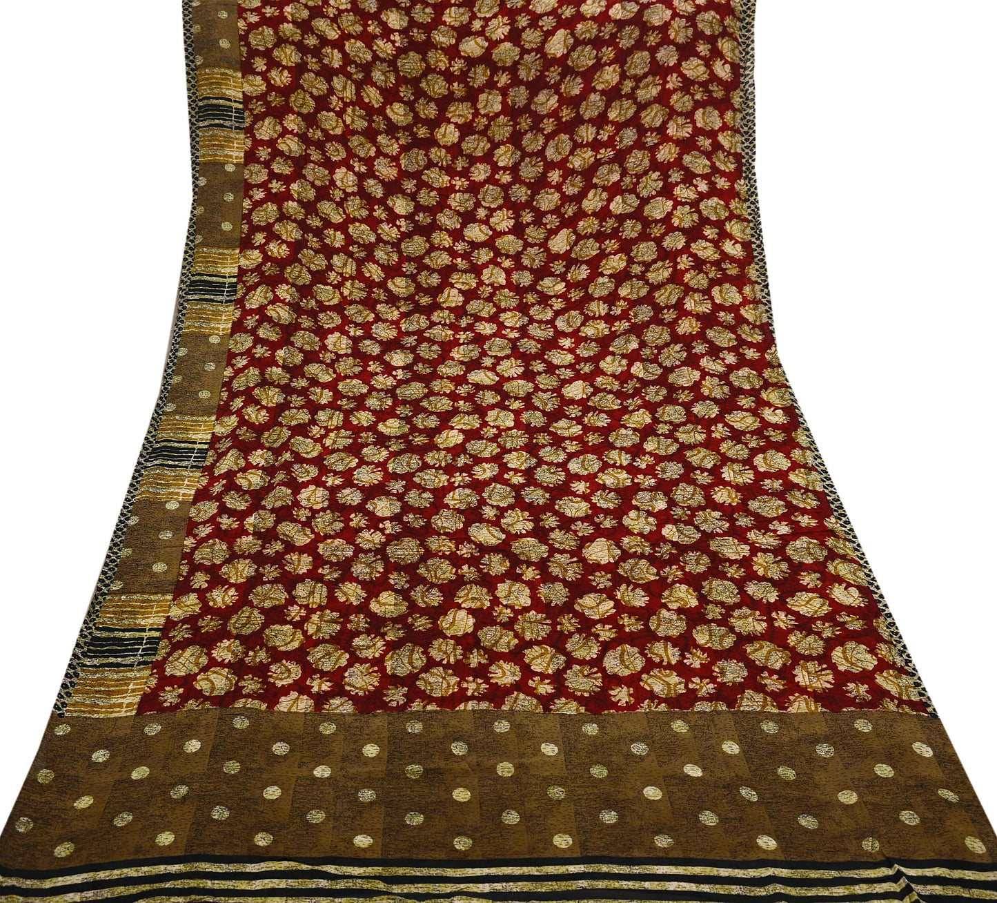Indian Vintage Sari Red & Brown Pure Georgette Silk Hand Block Printed Saree Sewing 5yd Craft Soft Dress Designing Crafting Floral Quilting