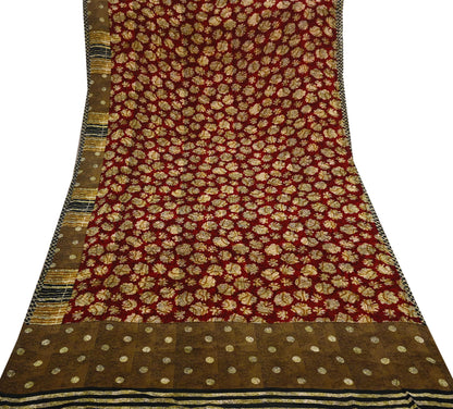 Indian Vintage Sari Red & Brown Pure Georgette Silk Hand Block Printed Saree Sewing 5yd Craft Soft Dress Designing Crafting Floral Quilting