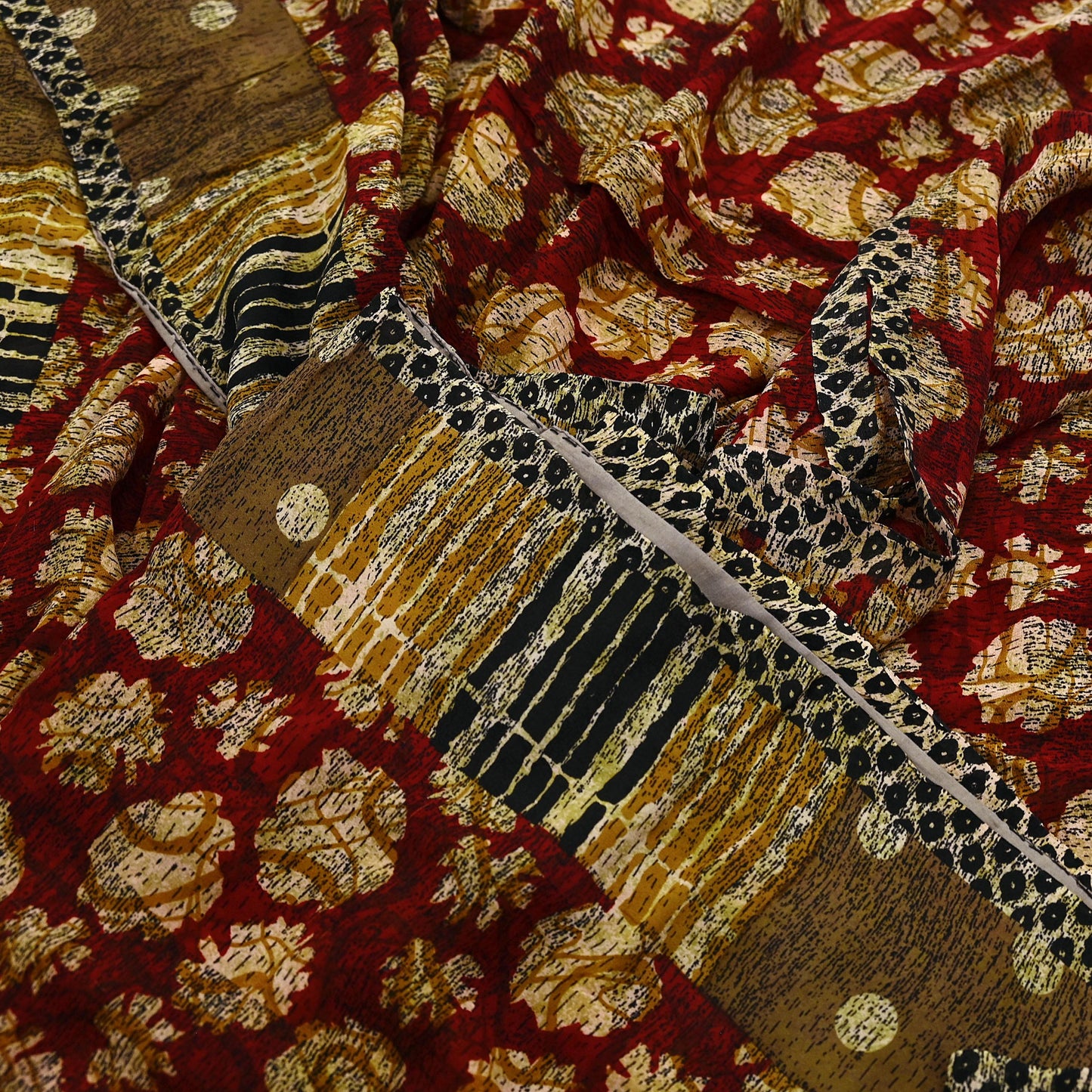 Indian Vintage Sari Red & Brown Pure Georgette Silk Hand Block Printed Saree Sewing 5yd Craft Soft Dress Designing Crafting Floral Quilting
