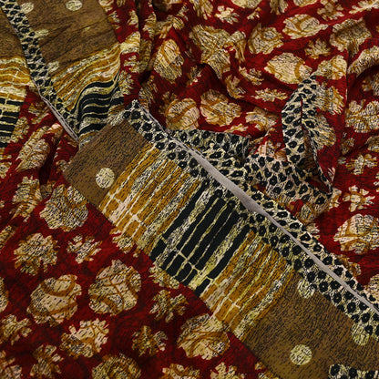 Indian Vintage Sari Red & Brown Pure Georgette Silk Hand Block Printed Saree Sewing 5yd Craft Soft Dress Designing Crafting Floral Quilting