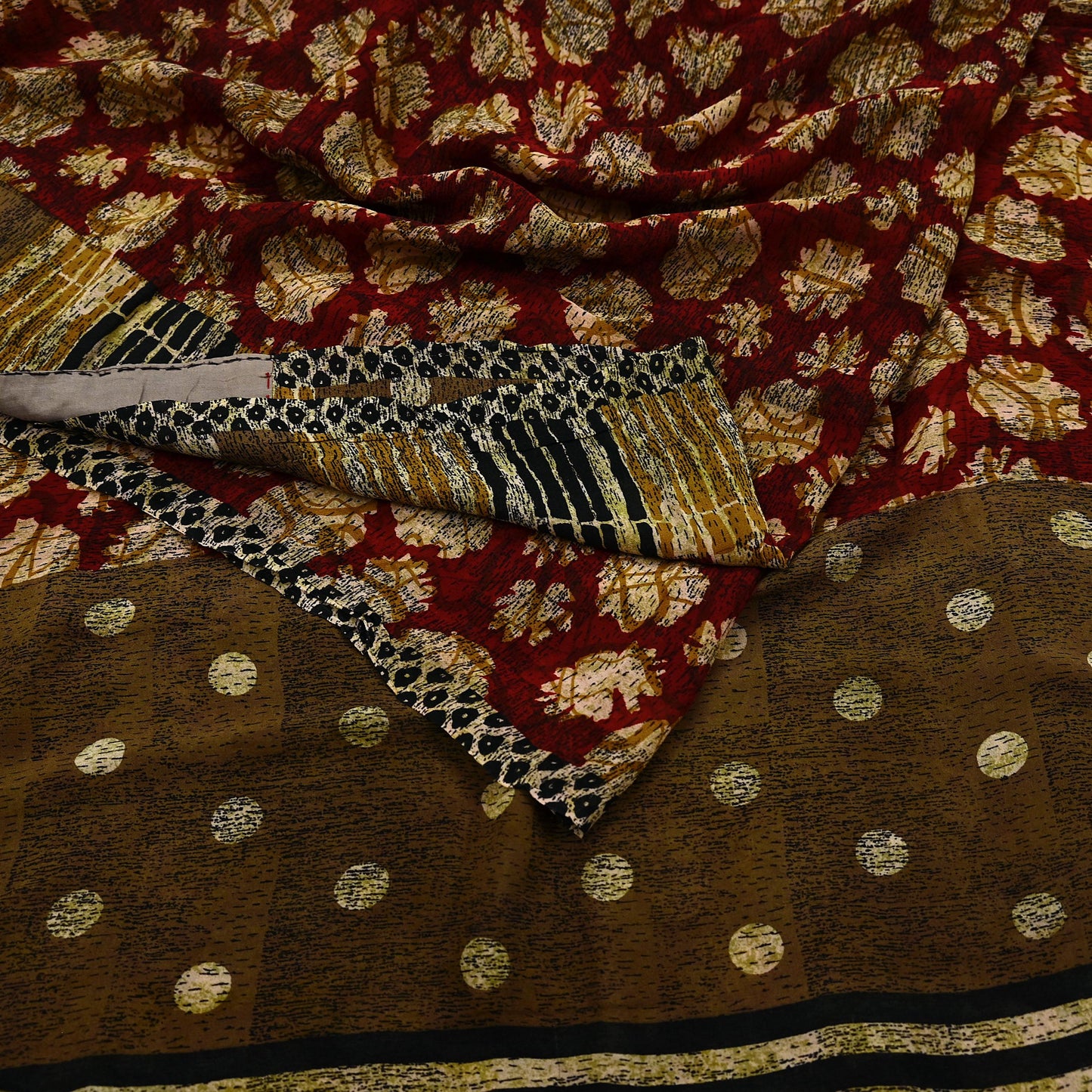 Indian Vintage Sari Red & Brown Pure Georgette Silk Hand Block Printed Saree Sewing 5yd Craft Soft Dress Designing Crafting Floral Quilting