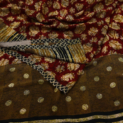Indian Vintage Sari Red & Brown Pure Georgette Silk Hand Block Printed Saree Sewing 5yd Craft Soft Dress Designing Crafting Floral Quilting