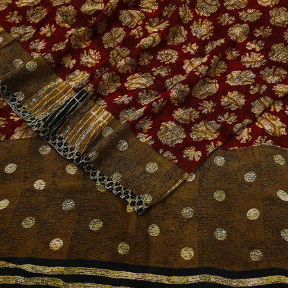 Indian Vintage Sari Red & Brown Pure Georgette Silk Hand Block Printed Saree Sewing 5yd Craft Soft Dress Designing Crafting Floral Quilting