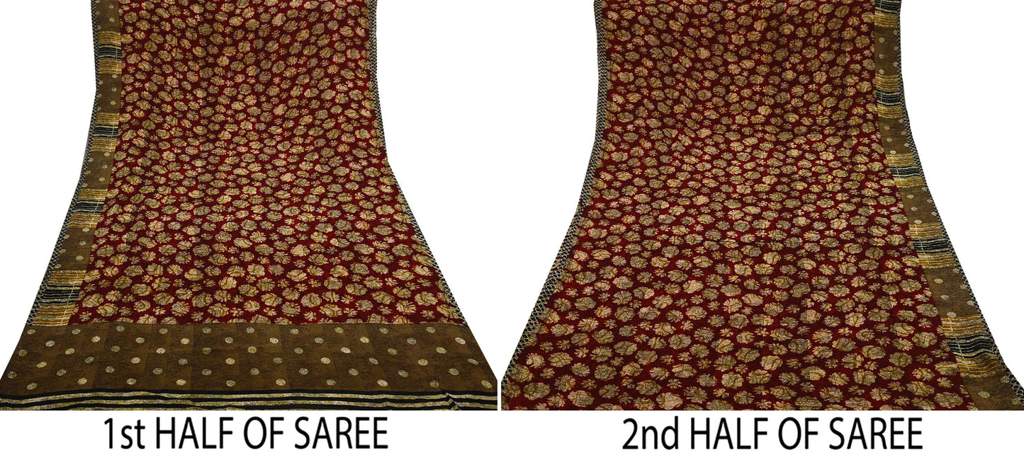 Indian Vintage Sari Red & Brown Pure Georgette Silk Hand Block Printed Saree Sewing 5yd Craft Soft Dress Designing Crafting Floral Quilting