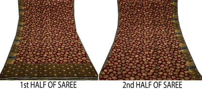 Indian Vintage Sari Red & Brown Pure Georgette Silk Hand Block Printed Saree Sewing 5yd Craft Soft Dress Designing Crafting Floral Quilting
