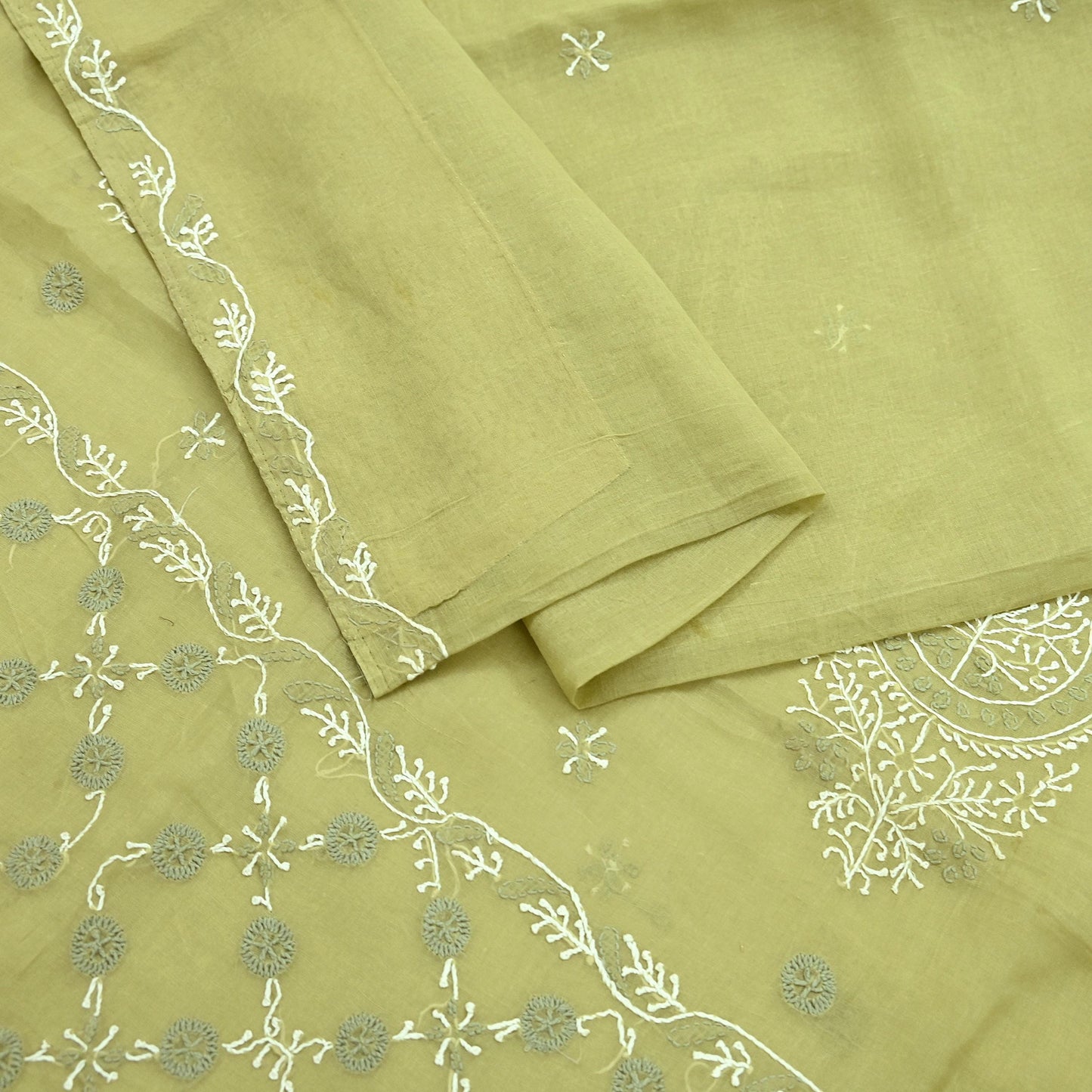 Indian Vintage Sari Green Cotton Hand Embroidered Kantha Sarees Craft Fabric 5yd Sewing Floral Soft Dress Making Crafting Upcycle Quilting