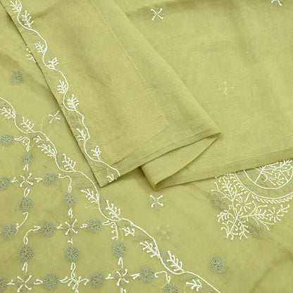 Indian Vintage Sari Green Cotton Hand Embroidered Kantha Sarees Craft Fabric 5yd Sewing Floral Soft Dress Making Crafting Upcycle Quilting