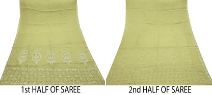 Indian Vintage Sari Green Cotton Hand Embroidered Kantha Sarees Craft Fabric 5yd Sewing Floral Soft Dress Making Crafting Upcycle Quilting