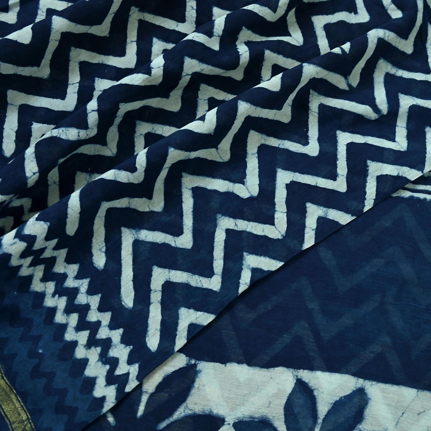 Indian Vintage Sari Blue Pure chanderi Silk Bagru Printed Sarees Fabric 5Yd Floral Soft Golden Zari Border Ethnic Dress making Upcycle