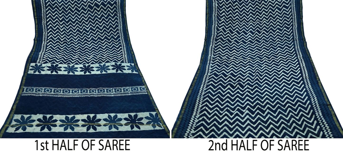 Indian Vintage Sari Blue Pure chanderi Silk Bagru Printed Sarees Fabric 5Yd Floral Soft Golden Zari Border Ethnic Dress making Upcycle