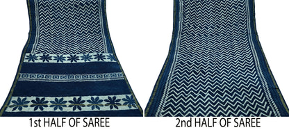 Indian Vintage Sari Blue Pure chanderi Silk Bagru Printed Sarees Fabric 5Yd Floral Soft Golden Zari Border Ethnic Dress making Upcycle