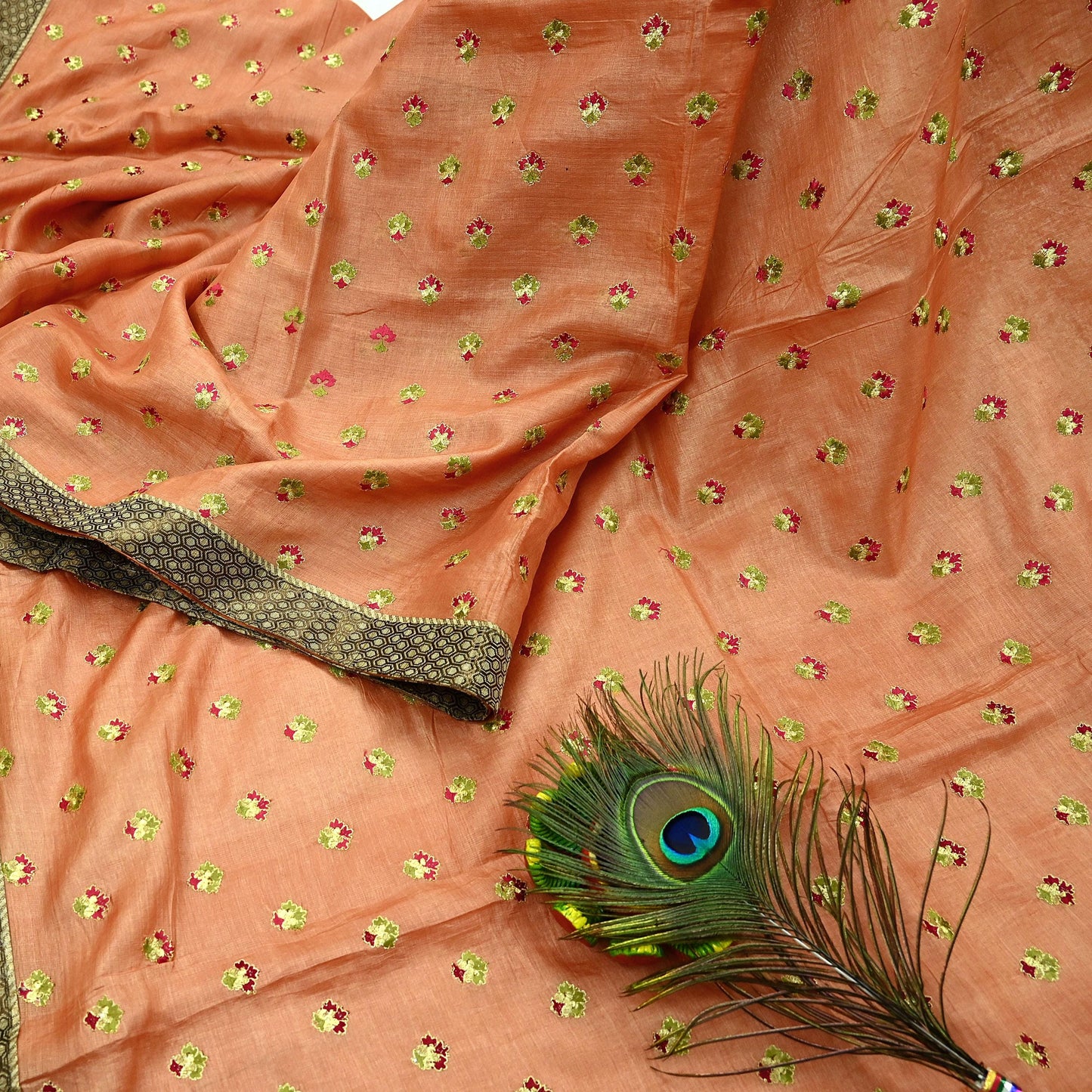 Indian Vintage Peach Sari Pure Tussar Silk Hand Embroidered Sarees Craft Fabric 5Yd Sewing Ethnic Sequins Dress making Crafting Quilting