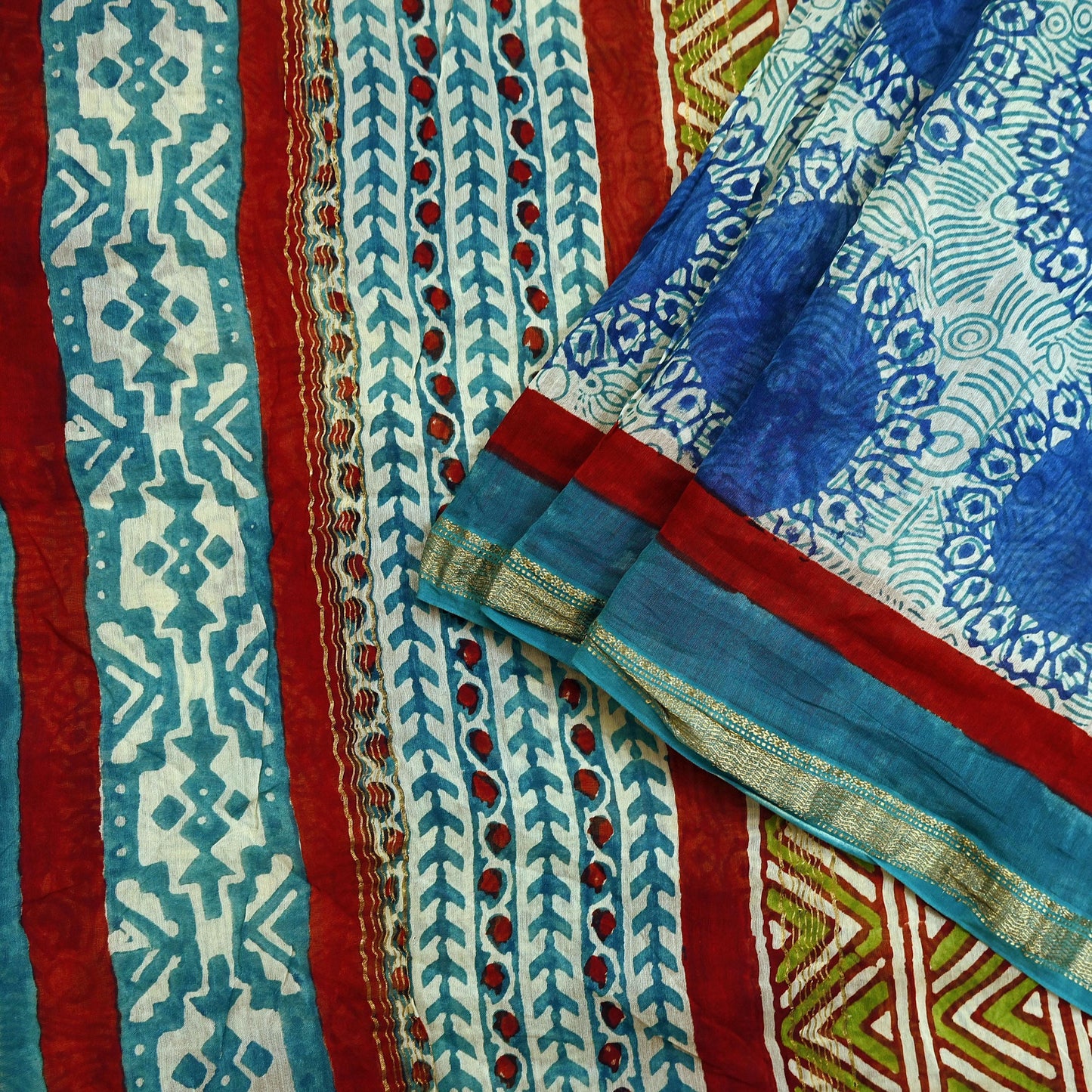 Indian Vintage Sari Blue Pure chanderi Silk Bagru Printed Sarees Craft Fabric 5Yd Floral Soft Zari Border Ethnic Dress making Upcycle