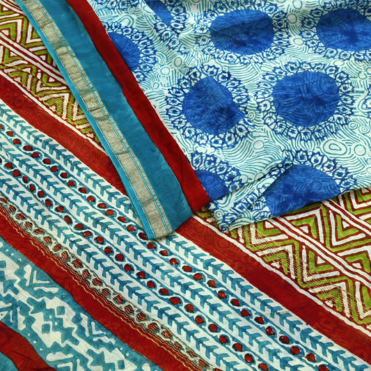 Indian Vintage Sari Blue Pure chanderi Silk Bagru Printed Sarees Craft Fabric 5Yd Floral Soft Zari Border Ethnic Dress making Upcycle
