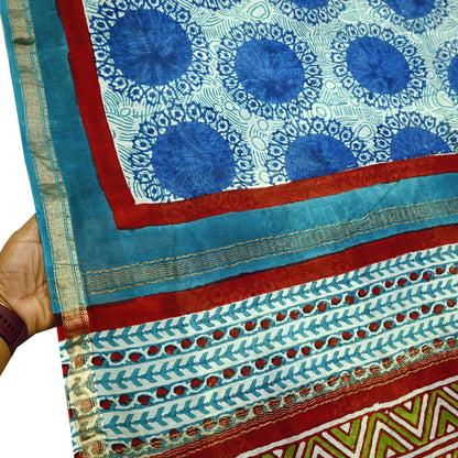 Indian Vintage Sari Blue Pure chanderi Silk Bagru Printed Sarees Craft Fabric 5Yd Floral Soft Zari Border Ethnic Dress making Upcycle