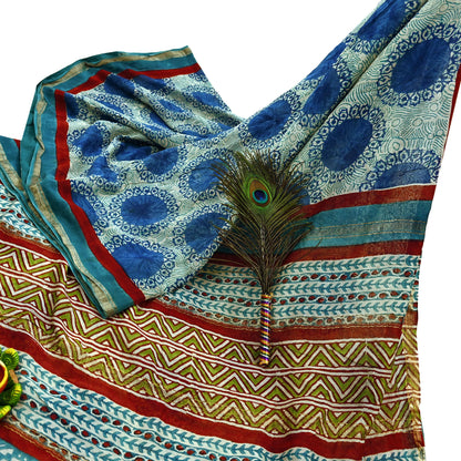 Indian Vintage Sari Blue Pure chanderi Silk Bagru Printed Sarees Craft Fabric 5Yd Floral Soft Zari Border Ethnic Dress making Upcycle