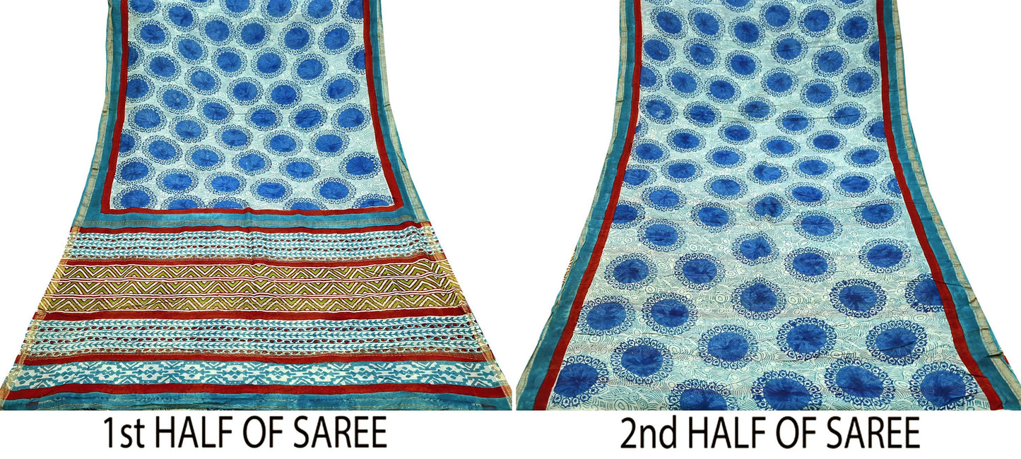 Indian Vintage Sari Blue Pure chanderi Silk Bagru Printed Sarees Craft Fabric 5Yd Floral Soft Zari Border Ethnic Dress making Upcycle