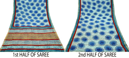 Indian Vintage Sari Blue Pure chanderi Silk Bagru Printed Sarees Craft Fabric 5Yd Floral Soft Zari Border Ethnic Dress making Upcycle