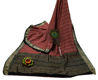 Indian Vintage Sari Red & Black Pure chanderi Silk Woven Sarees Craft Fabric 6Yd Soft Golden Zari Bollywood Sarees Crafting Upcycle